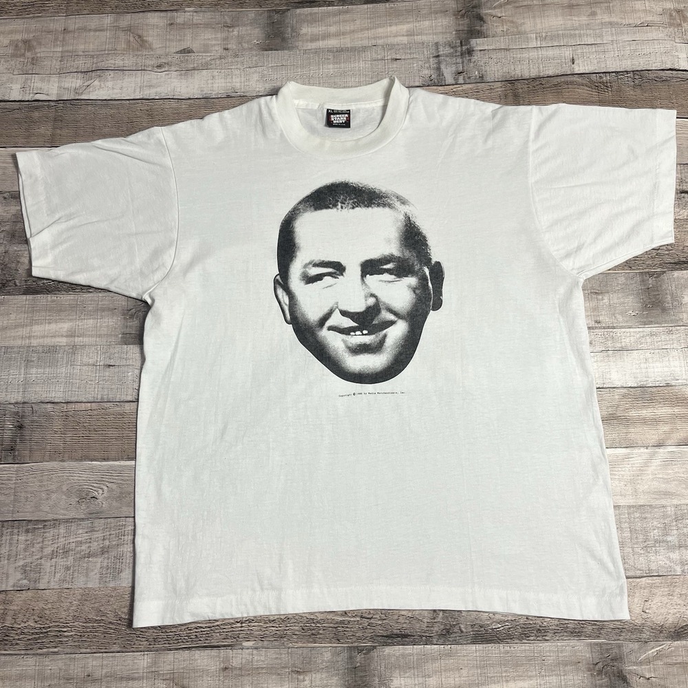 Three Stooges Shirt Size XL White Vintage 80s Curly Big Face TV Promo Funny